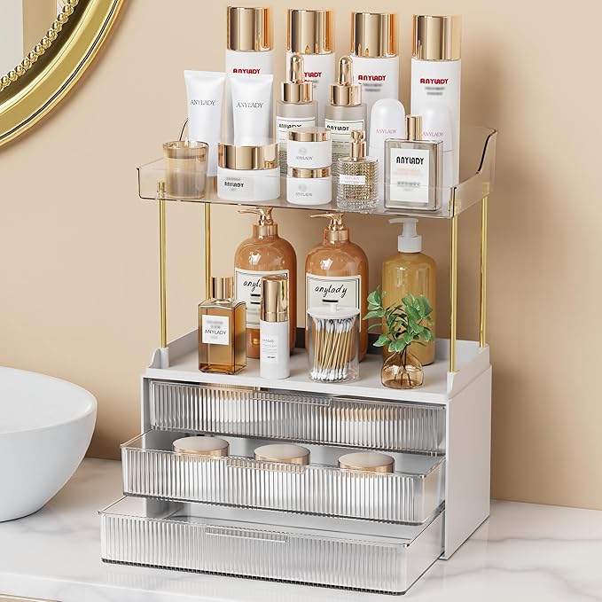 Bathroom Organizers and Storage, Makeup Organizer (Sturdy Durable Attractive), Ideal for Vanity, Countertop, Counter, Perfume, Skincare, Cabinet, Cosmetic, Dresser Organizer (White)