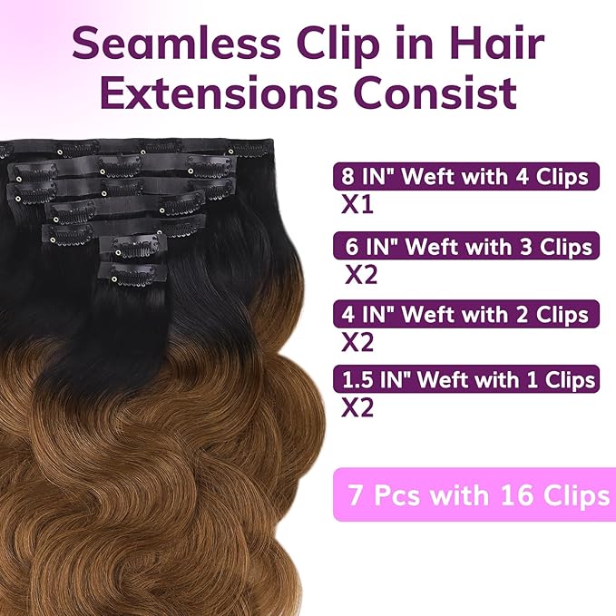 IDN BEAUTY Seamless Clip In Hair Extensions Human Hair 1B/30 Ombre Natural Black to Medium Auburn Body Wave Seamless Clip Ins For Black Women PU Weft Invisible Edge Thick Ends 120g 22 Inch 7pcs