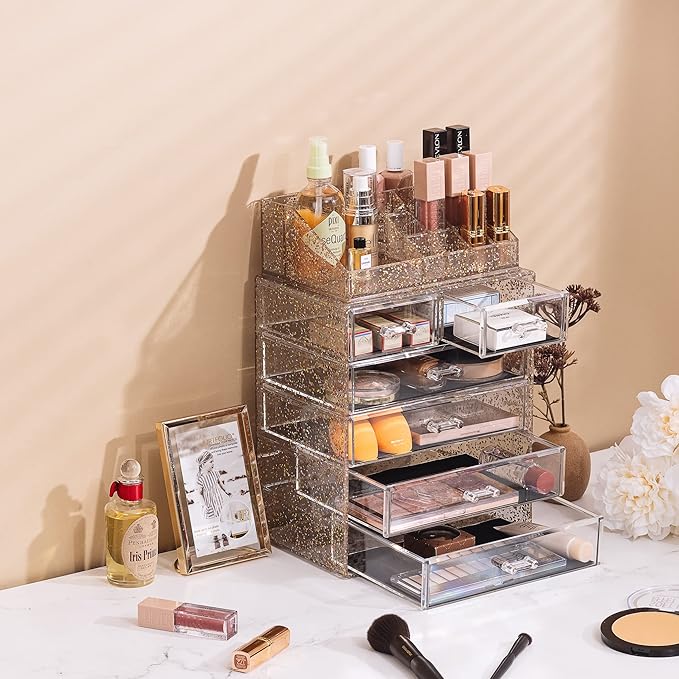 Sorbus Clear Cosmetic Makeup Organizer - Make Up & Jewelry Storage, Case & Display - Spacious Design - Great Holder for Dresser, Bathroom, Vanity & Countertop (4 Large, 2 Small Drawers) [Glitter]