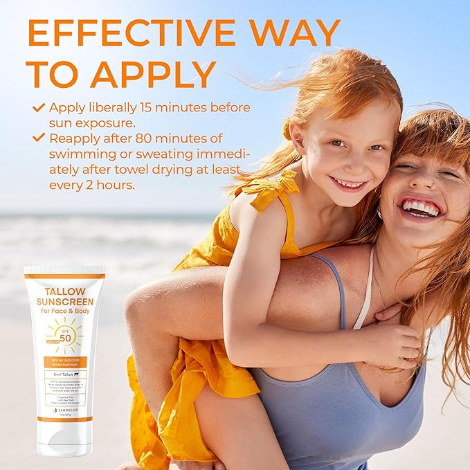 Beef Tallow Sunscreen SPF 50 with Mineral : Instant Sun Protection Non Nano Zinc Oxide Sunblock- Non Greasy Formula- Beach Jogging Outdoor Sports - 3 Fl oz, 85g