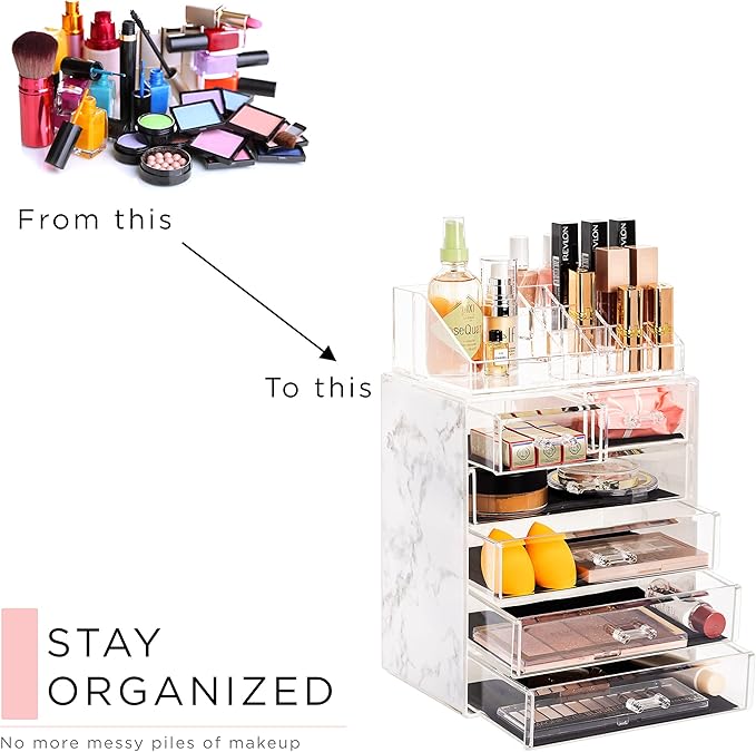 Sorbus Acrylic Makeup Organizer Set, 6-Drawer Vanity & Countertop Cosmetic Storage with Small & Wide Compartments, Marble Print Makeup Storage for Brushes, Jewelry – Holiday Gift for Women & Teens