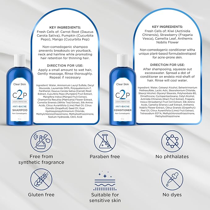 Non-Comedogenic & Sulfate-Free Shampoo & Conditioner Set by Clear 2 Perfection, Ideal for Acne-Prone Skin & Bacne, Esthetician Developed, Fights Breakouts & Promotes Healthy Hair