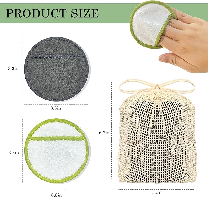 Chloven Reusable Cotton Rounds 16 Pack - Machine Washable Bamboo Charcoal Makeup Remover Pads for Face, Bamboo Terry Face Wipes Reusable Makeup Pads with Cotton Bag for Storage