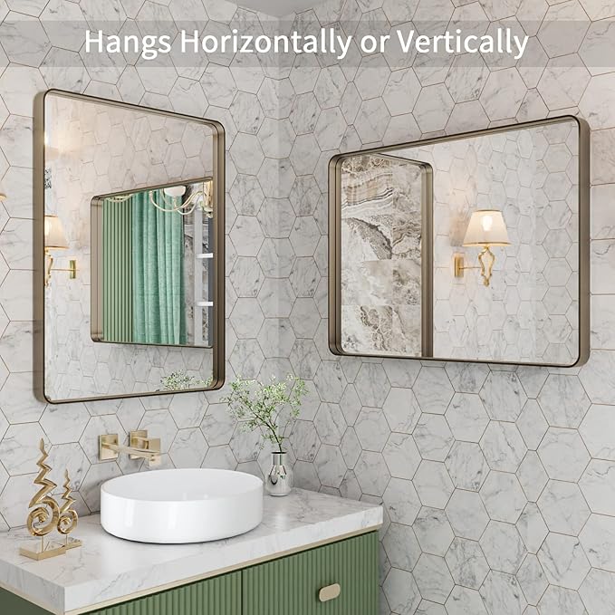 LOAAO 20”X30” Bronze Bathroom Mirrors for Vanity, Rounded Rectangle Brushed Bronze Metal Frame Mirror, Anti-Rust, Hangs Horizontally or Vertically