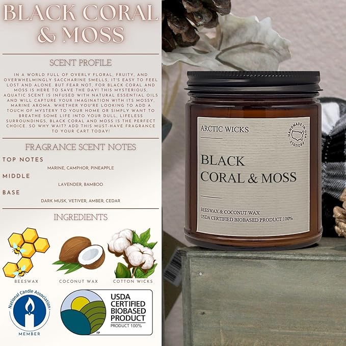 Arctic Wicks Scented Coconut Beeswax Candles | Coconut Beeswax Non Toxic Candle 9oz Amber | Farmhouse Candles Non-Toxic Clean Burn 100% USDA Certified Biobased (Black Coral & Moss)