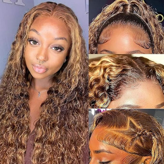 Honey Blonde 13x6 Deep Wave Lace Front Wigs Human Hair 22 inch 4/27 Highlight Ombre Deep Wave HD Transparent Lace Front Wigs Pre Plucked 200% Density Wet And Wavy Curly Lace Frontal Wig for Women