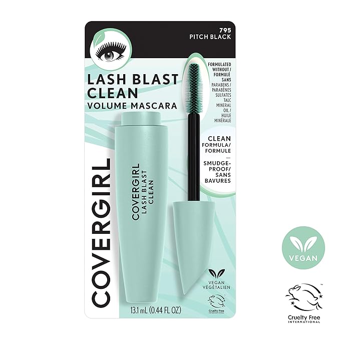 CoverGirl Lash Blast Clean Volume Mascara, Vegan Formula, Volumizing, Smudge-Proof, Pitch Black, 1 Count