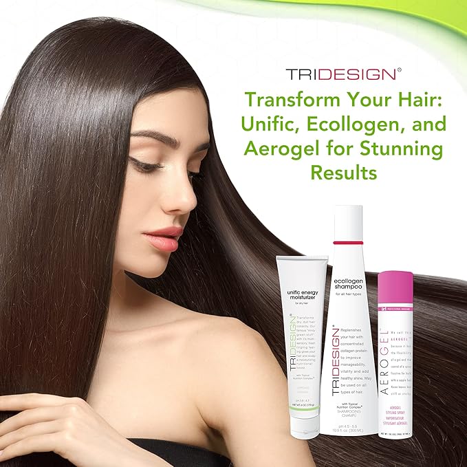 TRI Design Shampoo, Conditioner and Hair Finishing Spray Set - Includes Aerogel Spray Gel 10.5 oz., Ecollogen Collagen Shampoo 10.5 oz. and Unific Energy Moisturizer 6 oz., for All Hair Types