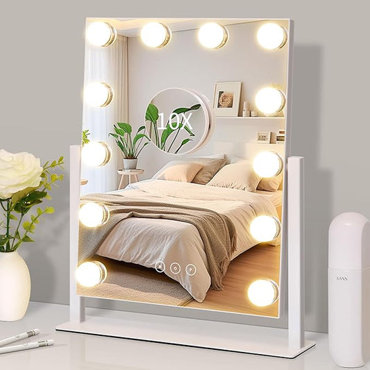 Vanity Mirror with Lights,Lighted Vanity Mirror with 12 Dimmable Bulbs for Dressing Room & Bedroom,3 Color Lighting,Modes Detachable 10x Magnification 360°Ratation (White) 14.6" L x 17" W