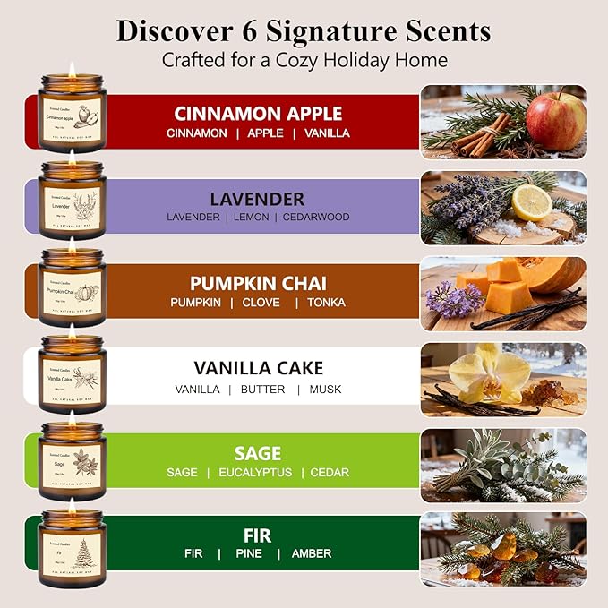 Long Lasting Soy Candles for Home, 6 Pack Holiday Scented Candle Gift Set with Cinnamon Apple, Pumpkin Chai & Vanilla, Natural Aromatherapy Candles, Christmas Gifts for Women