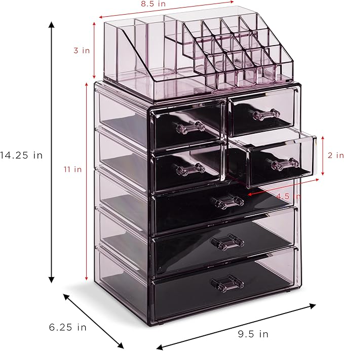 Sorbus Clear Cosmetic Makeup Organizer - Make Up & Jewelry Storage, Case & Display - Spacious Design - Great Holder for Dresser, Bathroom, Vanity & Countertop (3 Large, 4 Small Drawers) [Purple]