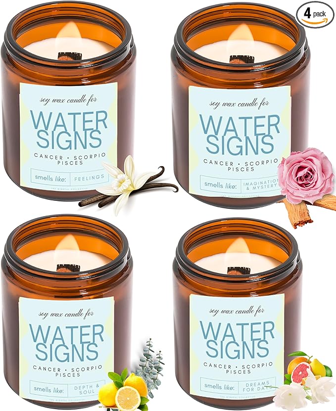 Pisces, Cancer, Scorpio Gifts for Women - 4Pack Wood Wick Candles, 6oz Small Candles Set for Women. Zodiac Astrology Birthday Spiritual Gifts, Natural Soy Wax