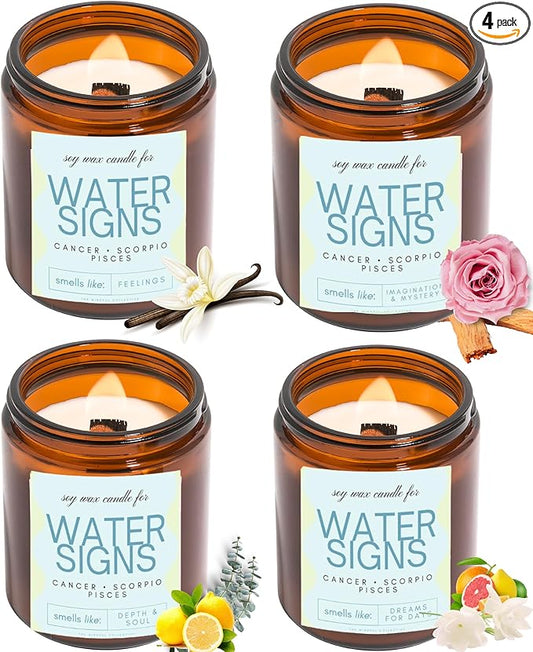 Pisces, Cancer, Scorpio Gifts for Women - 4Pack Wood Wick Candles, 6oz Small Candles Set for Women. Zodiac Astrology Birthday Spiritual Gifts, Natural Soy Wax