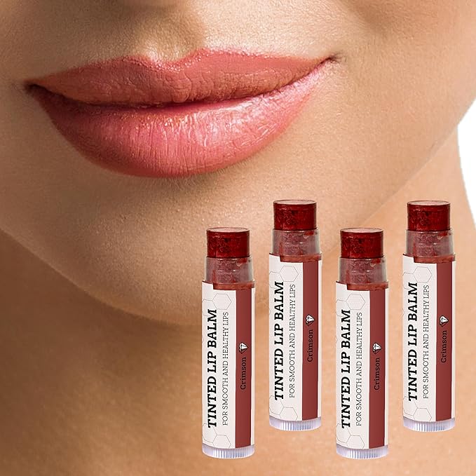 Earth's Daughter Tinted Lip Balm Crimson Color Stocking Stuffers 4-pack, Beeswax, Coconut Oil, Cocoa Butter, Vitamin E, Moisturize and Beautify - Paraben Free