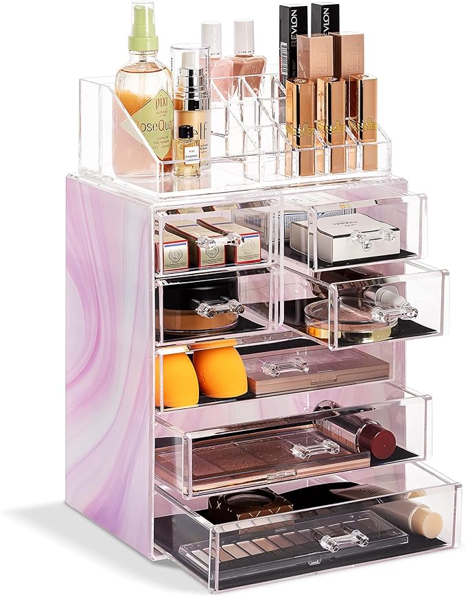 Sorbus Clear Cosmetic Makeup Organizer - Make Up & Jewelry Storage, Case & Display - Spacious Design - Great for Dresser, Bathroom, Vanity & Countertop (3 Large, 4 Small Drawers) [Tie Dye Print]