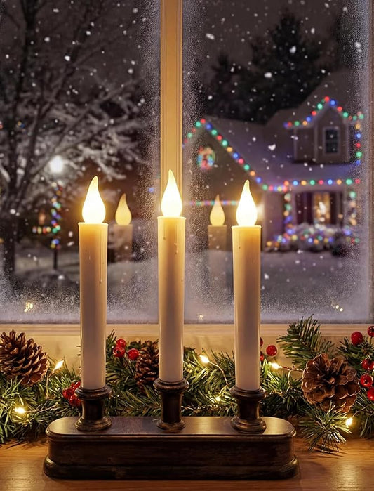 3-Light Window Candles with Sensor Dusk to Dawn, 10 Inch LED Window Candles with Taper Candles Battery Operated Lamp for Table Party Christmas Decoration,Bronze Base