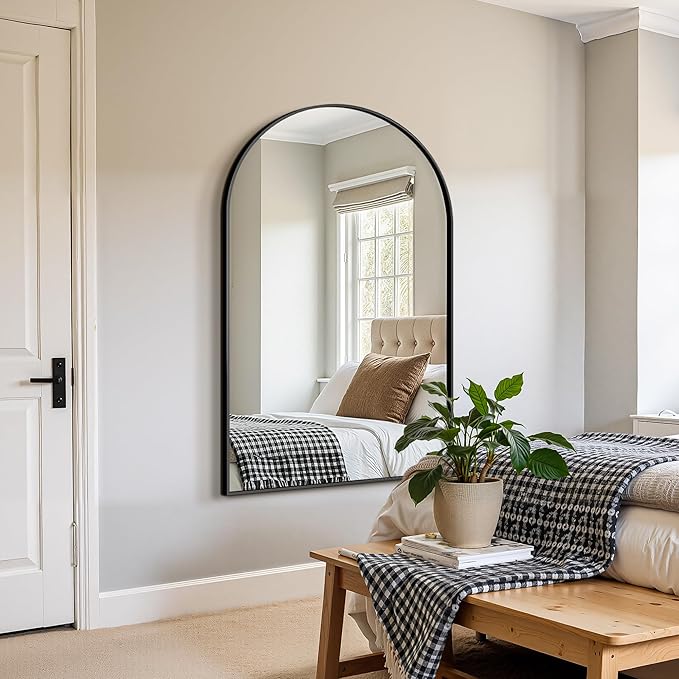 FICTOR Bathroom Vanity Mirror for Wall,55”x35” Large Arched Bathroom Mirror, Metal Framed with HD Shatter-Proof Glass for Entryway, Living Room,Bedroom, Wall Mounted or Leaned Against(Black)