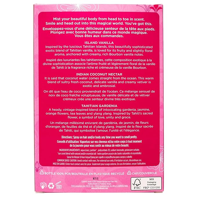Pacifica Beauty Mini Fragrance Sampler, 3 Island Vanilla Scents - Hair Perfume & Body Spray Gift Set, Vegan & Cruelty Free