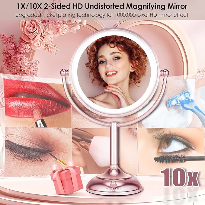 VESAUR Lighted Makeup Mirror Rose Gold Nickel, Double Sided 1X/10X HD Undistorted Magnifying Mirror, 8.5" Vanity Mirror with 3 Colors Dimmable 90 Bright LEDs, 360°Swivel Two Power Supply, Luxury Gifts