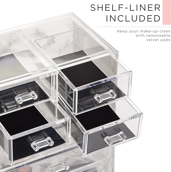 Sorbus Clear Cosmetic Makeup Organizer - Make Up & Jewelry Storage, Case & Display - Spacious Design - Great Holder for Dresser, Bathroom, Vanity & Countertop (3 Large, 4 Small Drawers) [Marble Print]