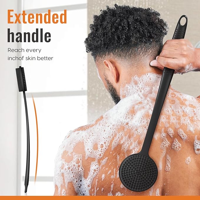 VWMYQ Silicone Back Scrubber, 17in Long Handle Body Brush, Double Sided Shower Brush for Exfoliating and Massage, Long Handle Back Scrubber for Men