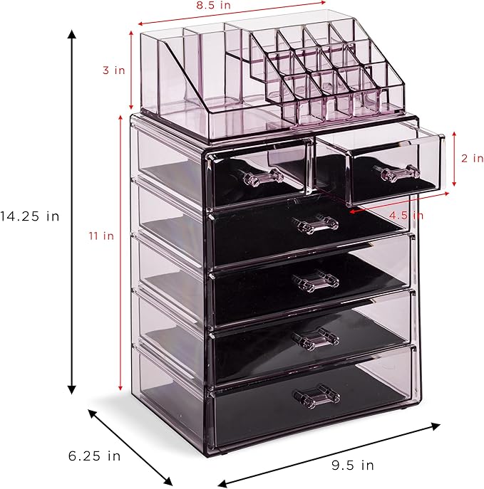 Sorbus Clear Cosmetic Makeup Organizer - Make Up & Jewelry Storage, Case & Display - Spacious Design - Great Holder for Dresser, Bathroom, Vanity & Countertop (4 Large, 2 Small Drawers) [Purple]