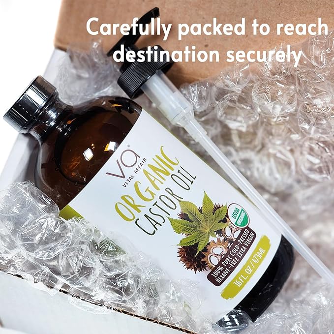 Pure Castor Oil Organic Cold Pressed Unrefined Glass Bottle-USDA Certified for Castor Oil Pack Wrap for Face,Hair Growth,Eyelashes,Eyebrows-16oz