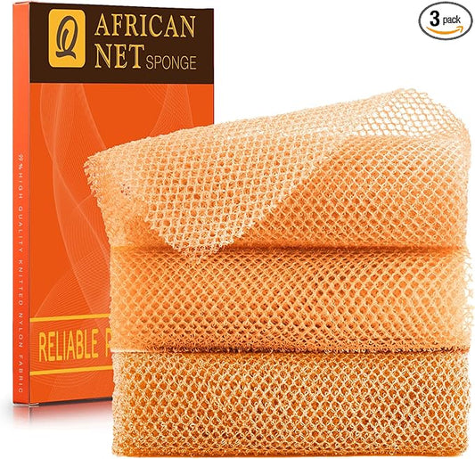 UJFQBH 3 Pieces African Bath Sponge African Net Long Net Bath Sponge Exfoliating Shower Body Scrubber Back Scrubber Skin Smoother,Great for Daily Use (Yellow,Yellow,Yellow)