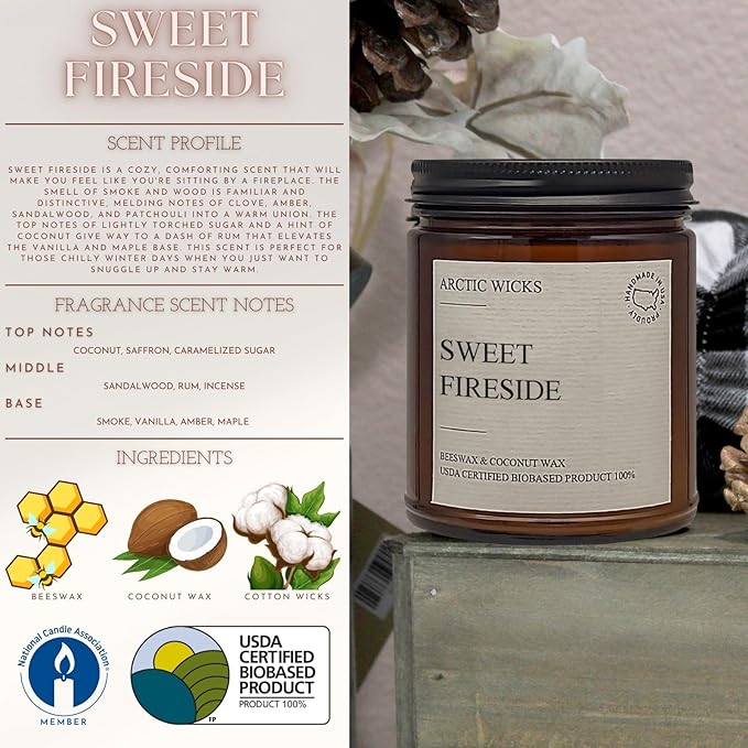 Arctic Wicks Scented Coconut Beeswax Candles | Coconut Beeswax Non Toxic Candle 9oz Amber | Farmhouse Candles Non-Toxic Clean Burn 100% USDA Certified Biobased (Sweet Fireside)