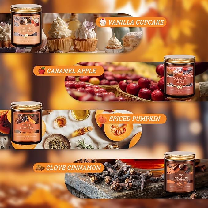 Fall Candles Set, 4 Pack Candles for Home Scented Natural Soy Wax, Autumn Gifts Set for Women Men, Fall Fragrance of Pumpkin/Cinnamon/Vanilla Cupcake/Apple