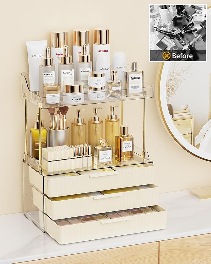 Bathroom Organizers and Storage, Makeup Organizer (Sturdy Durable Attractive), Ideal for Vanity, Countertop, Counter, Perfume, Skincare, Cabinet, Cosmetic, Dresser Organizer (Cream)