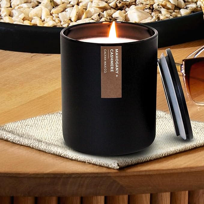 Calyan Wax Co. Mahogany & Cashmere Scented Candle - 75 Hour Burn - Luxury Non Toxic Soy Wax Candles - Long Lasting Black Tumbler Jar Candle for Home - 10.2oz