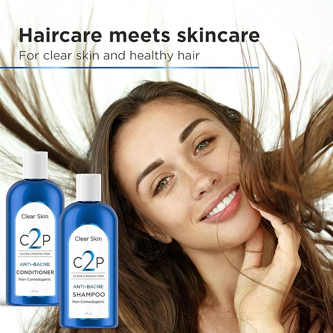Non-Comedogenic & Sulfate-Free Shampoo & Conditioner Set by Clear 2 Perfection, Ideal for Acne-Prone Skin & Bacne, Esthetician Developed, Fights Breakouts & Promotes Healthy Hair