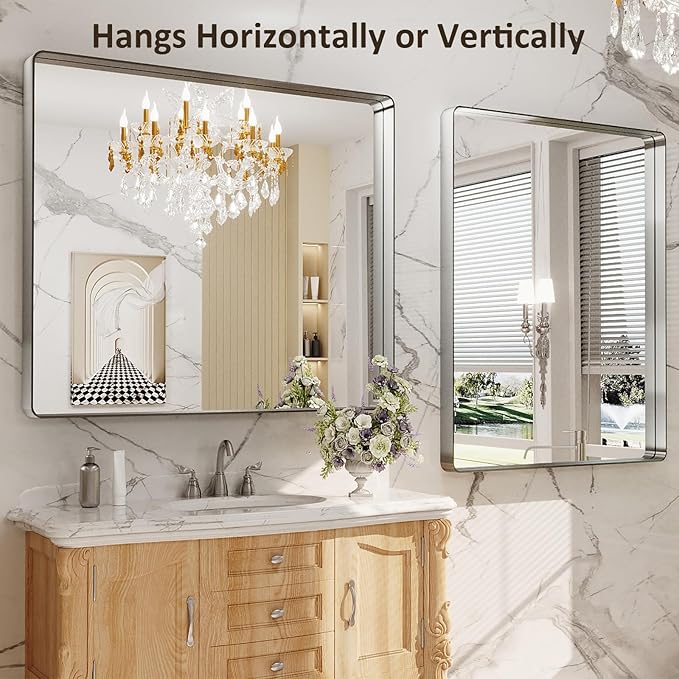 LOAAO 48x40 Inch Brushed Nickel Bathroom Mirror, Rounded Rectangle Silver Metal Frame Mirror, Brushed Nickel, Anti-Rust, Shatter Proof, Hangs Horizontally or Vertically