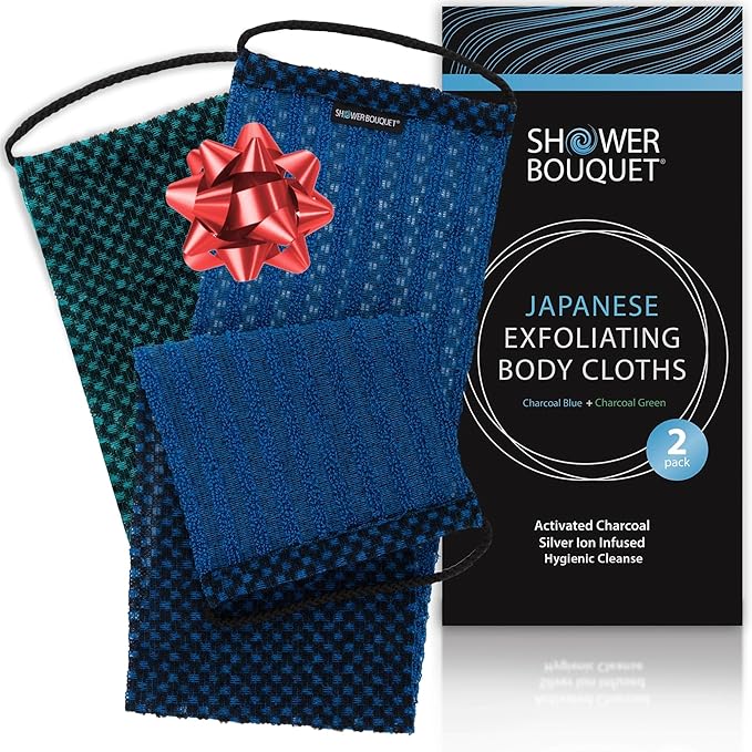 Japanese Exfoliating Washcloth for Back & Body - Charcoal & Silver Ion Exfoliating Towel - Two-Sided Gentle Exfoliation