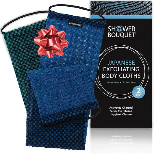 Japanese Exfoliating Washcloth for Back & Body - Charcoal & Silver Ion Exfoliating Towel - Two-Sided Gentle Exfoliation