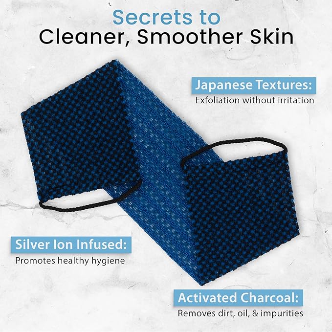 Japanese Exfoliating Washcloth for Back & Body - Charcoal & Silver Ion Exfoliating Towel - Two-Sided Gentle Exfoliation