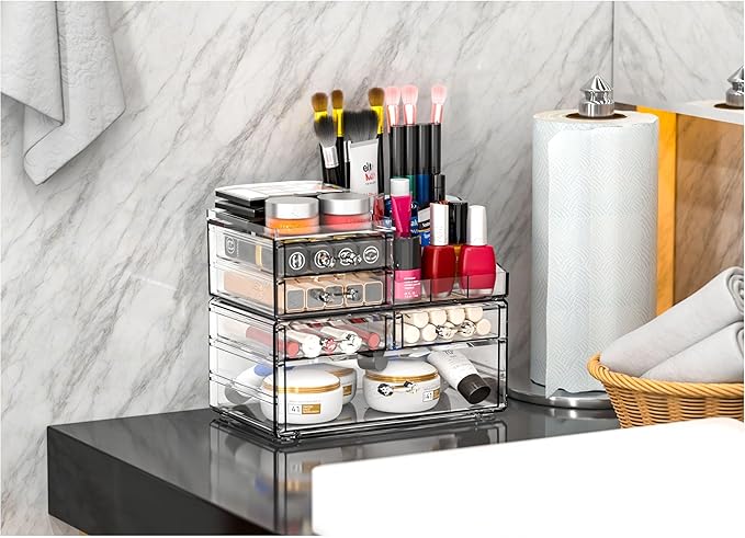 Cq acrylic Clear Make up Organizers for Vanity,Skincare Organizer With 5 Drawers for Dresser,Plastic Cute Desk Accessories Organization and Bathroom Organizers Storage Case Box for Beauty,Skin Care