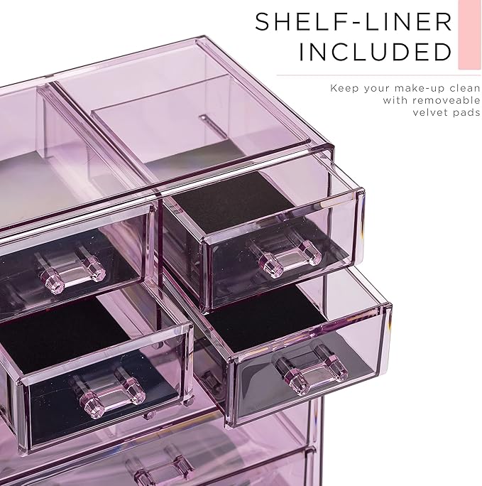 Sorbus Clear Cosmetic Makeup Organizer - Make Up & Jewelry Storage, Case & Display - Spacious Design - Great Holder for Dresser, Bathroom, Vanity & Countertop (3 Large, 4 Small Drawers) [Purple]