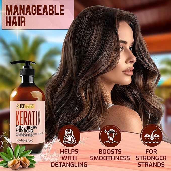 Keratin Conditioner for Women and Men - Deep Conditioning Treatment to Repair Dry, Damaged Hair and Split Ends - Strengthening Sulfate Free Formula - 16 Fl Oz