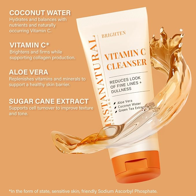 InstaNatural Vitamin C Cleanser | All Natural Face Wash, Brightens Skin, Good for Uneven Texture, USA Made with Coconut Water and Aloe Vera, 6.7 FL Oz