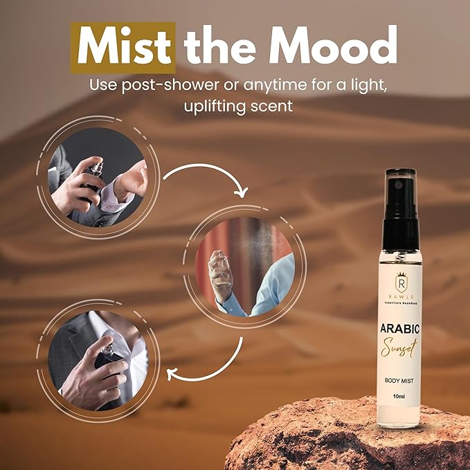 Arabic Sunset Body Mist – Long-Lasting Fragrance Spray with Jasmine, Ginger, Vanilla & Sandalwood – Paraben-Free, Clean Scent for Women & Men, 10ml