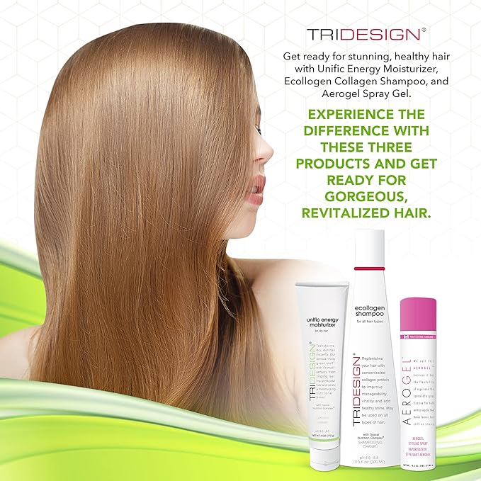 TRI Design Shampoo, Conditioner and Hair Finishing Spray Set - Includes Aerogel Spray Gel 10.5 oz., Ecollogen Collagen Shampoo 10.5 oz. and Unific Energy Moisturizer 6 oz., for All Hair Types