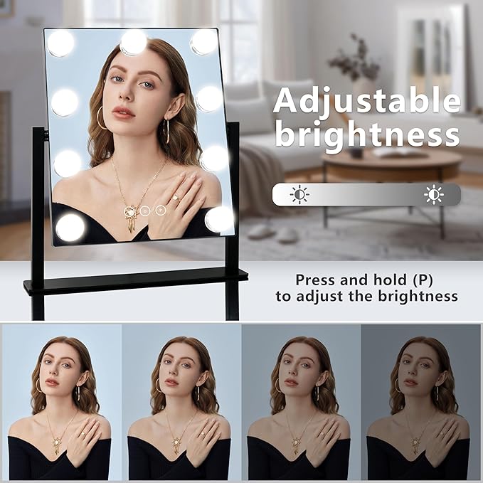 Vanity Mirror with Lights,Lighted Vanity Mirror with 9 Dimmable Bulbs for Dressing Room & Bedroom,3 Color Lighting,Modes Detachable 10x Magnification 360°Ratation (Black) 12" L x 14.4" W