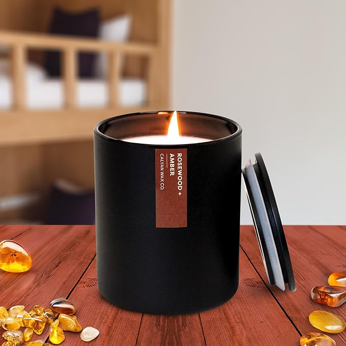 Calyan Wax Co. Rosewood & Amber Scented Candle - 75 Hour Burn - Luxury Non Toxic Soy Wax Candles - Long Lasting Black Tumbler Jar Candle for Home - 10.2oz