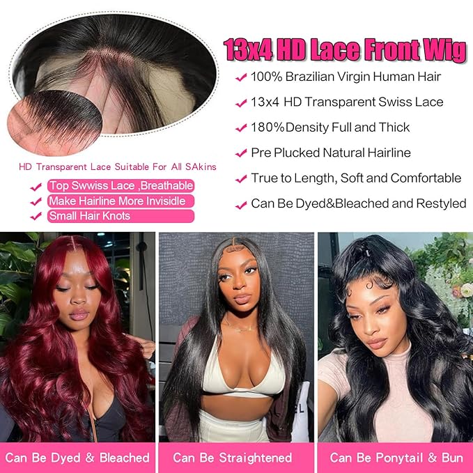 Human Hair Wig Body Wavy - 13x4 HD Lace Front Wig Brazilian Body Wave 30Inch Human Hair Wigs Glueless Pre Plucked 200% Density Virgin Hair Natural Black (1B) For Women
