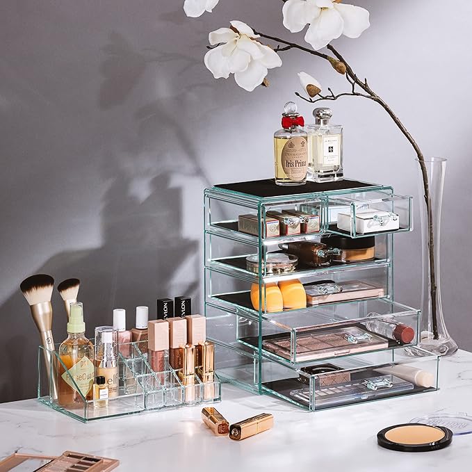 Sorbus Clear Cosmetic Makeup Organizer - Make Up & Jewelry Storage, Case & Display - Spacious Design - Great Holder for Dresser, Bathroom, Vanity & Countertop (4 Large, 2 Small Drawers) [Teal Thrill]