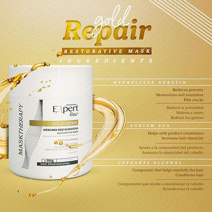 Expert Hair Gold - Restorative Hyaluronic Acid Mask to Repair Damaged Hair, Combat Dryness, Frizz & Split Ends (500g/17.6 Fl Oz)