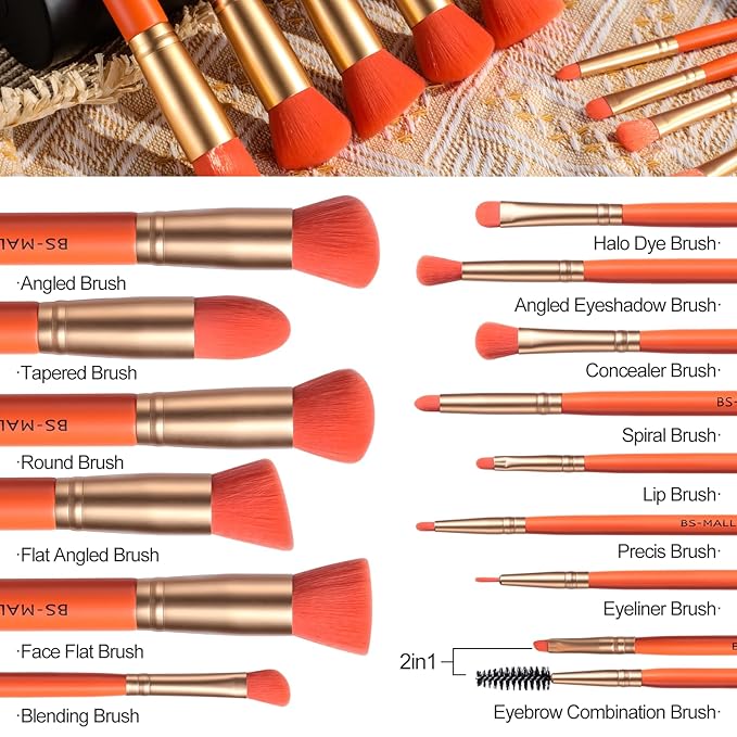BS-MALL Makeup Brush Set 14 Pcs With Case - Foundation Brush, Concealer Brush, Blush Brush & Flawless Application – Complete Luxury Cosmetic Brush Kit For Travel & Daily Use