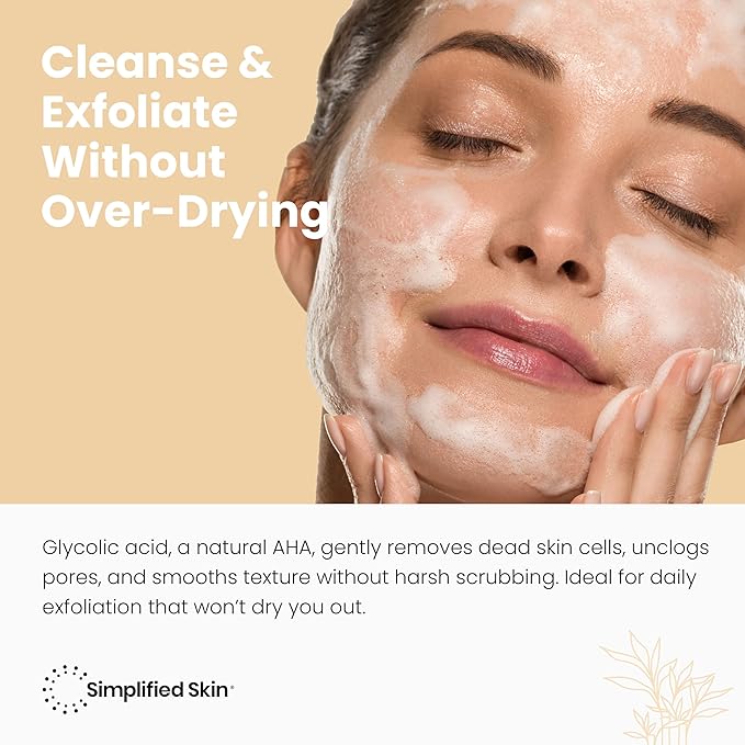 Simplified Skin Glycolic Acid Face Wash for Exfoliating & Anti-Aging - 10% AHA Cleanser to Remove Build Up & Even Tone on Face, Armpits & Body – With Aloe Vera & Sunflower Oil, 6 Fl Oz